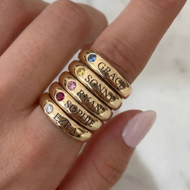 Personalised Name and Birthstone Ring close-up view
