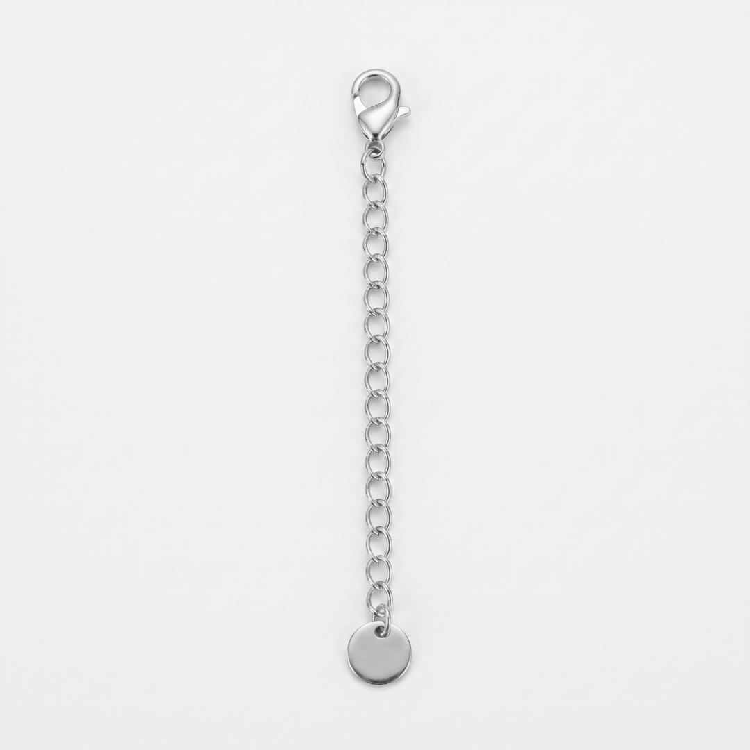 Two inch silver chain extender with lobster clasp and round tag