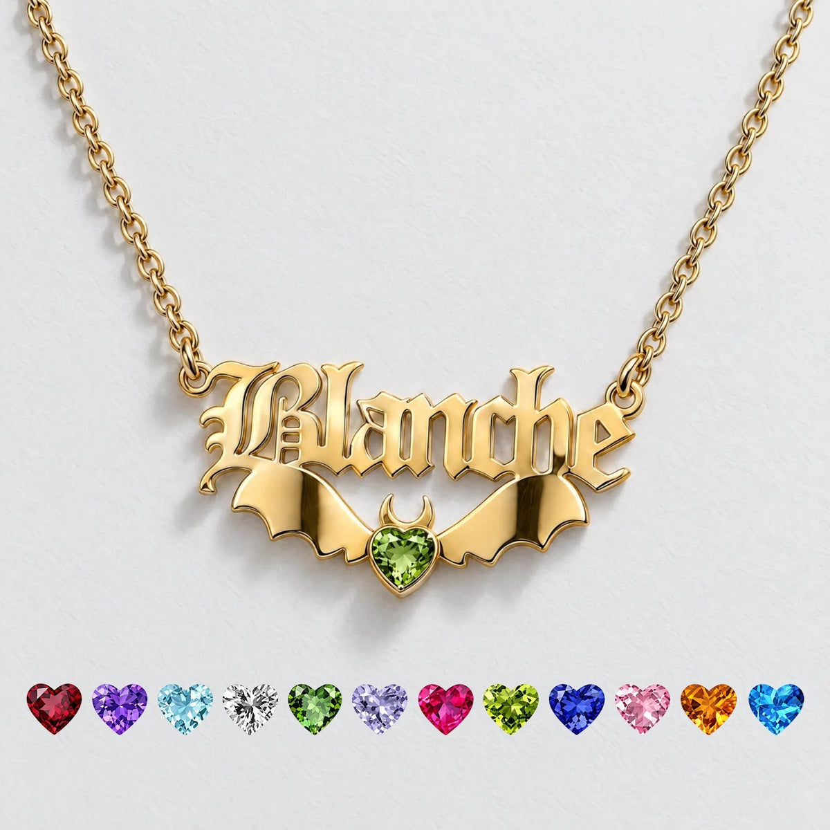 Gothic Nameplate Custom Birthstone Necklace - Gold | Monrich